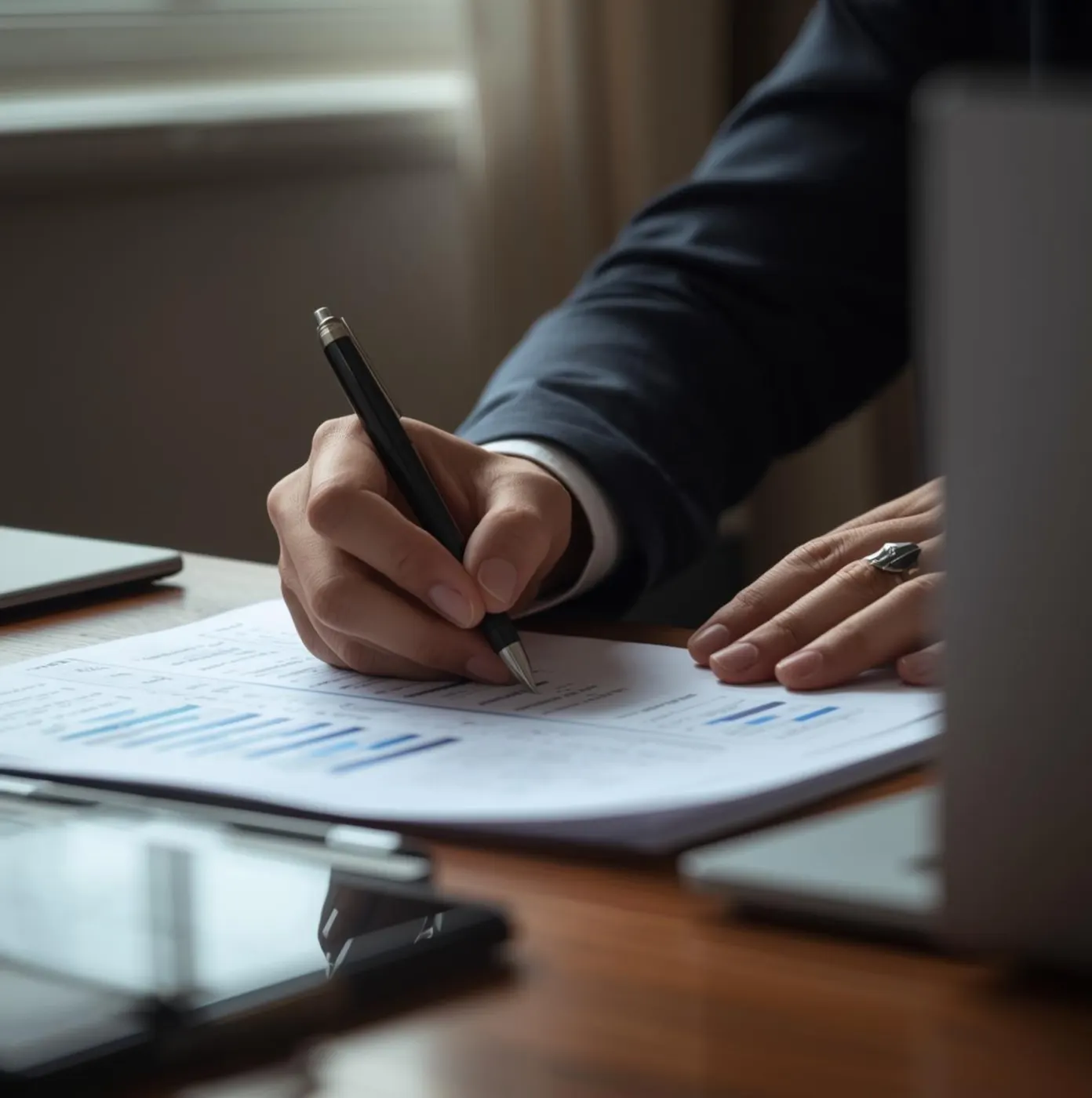 Consultant reviewing a performance report with charts